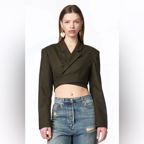 Ronny Kobo Torn Zuna Cropped Blazer Wrap Button Back Shoulders Pads Olive Green - Picture 4 of 6